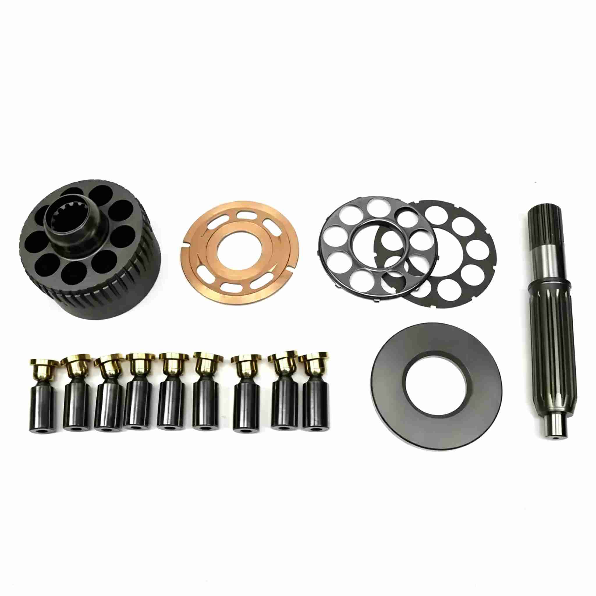 Excavator parts, hydraulic pump components, pump body, flat nine-hole column, copper head, swashplate, variable displacement piston, Kawasaki M5X130